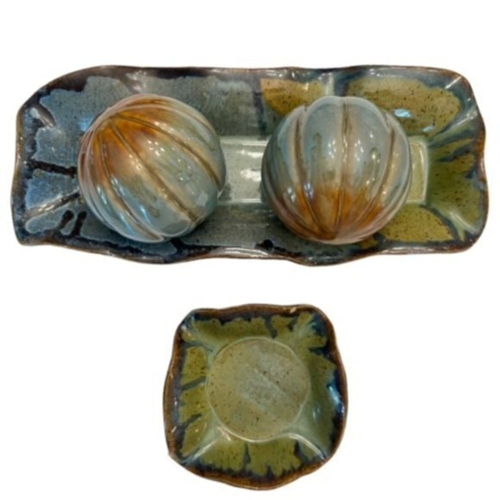 McCullough Vintage Pottery Stoneware Footed Tray, Round Balls, Dish Drip Pattern